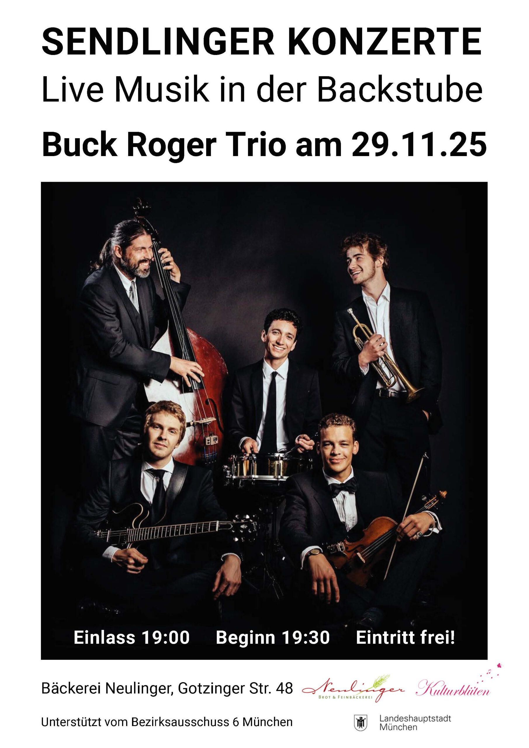 Konzert mit dem Buck Roger Trio am 29.11.2025 in unserer Backstube in der Gotzingerstraße 48.